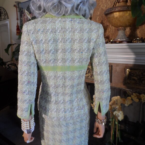 Douglas Hannant Light Green Houndstooth PatternTweed Skirt Suit Size 6 - Picture 13 of 16